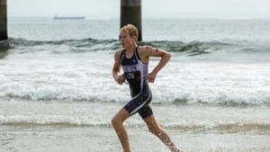 Representing KZN, Nathan Foster exits the water at the SA Triathlon Championships.