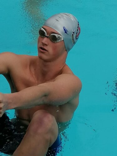 Ready to explode away from the blocks, rising swimming star, Cameron Thompson.