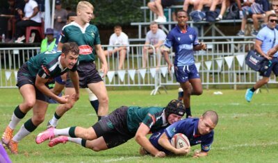 Daren Murphy dives over for one of Worcester Gimasium's six tries against Hoer Landbouskool Marlow. Photo: Hannah Shirley.