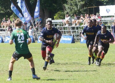 On the charge, DHS's big tighthead Teddy Dlamini.
