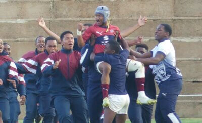 Jade-Wiill Koopman is hoisted onto the shoulders of Westville's supporters after the Griffin clinched the Glenwood Sevens Cup title.