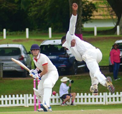 Hilton College opening bowler Netanzi Denenga lets fly with a pacy delivery, on his way to capturing 4/22 against Michaelhouse. Photo: Brad Morgan.