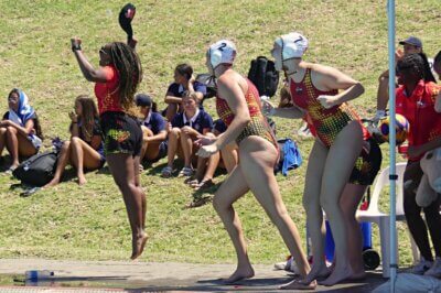 Central Gauteng coach Masibonge Namba leaps for joy after her team claimed the u16 girls' title at the Schools Water Polo South Africa Inter-Provincial Tournament in East London. Photo: Brad Morgan.