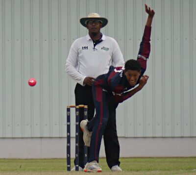 Opening bowler Dayalan Boyce, with 2/18, helped Westville Boys' High limit Kearsney College to 106/9 from their 100 balls. Photo: Brad Morgan.