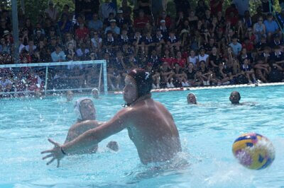 Action from the final of the boys' u19 competition at the 2024 Schools Water Polo South Africa Inter-Provincial Tournament in East London. The IPT featured competition in 10 different events. Photo: Brad Morgan.