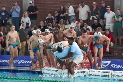 The Bishops team and coach Jabulani Sibiya jump into the pool in celebration of their win. Photo: TeamPhoto SA