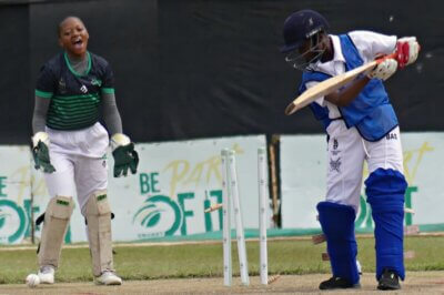 Joy for Dr John L Dube as they claim a wicket on their way to an eight-wicket win over Bonginhlanhla High in the Schools SA20 KZN Regional Final in Pietermaritzburg, in January. Photo: Brad Morgan.