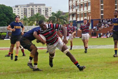 Before Maritzburg College captain Wasi Vyambwera had grounded the ball, hooker Theo Boshoff was already celebrating. He knew a try was imminent. Photo: Brad Morgan.