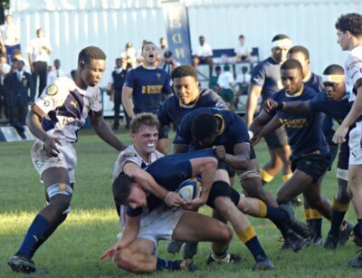 Northwood 8th-man Jamie Wimble, who scored one of the Knights' three tries, pulls off a tackle in DHS's narrow 22-19 win over Northwood on Van Heerden's Field, on Saturday. Photo: Brad Morgan.