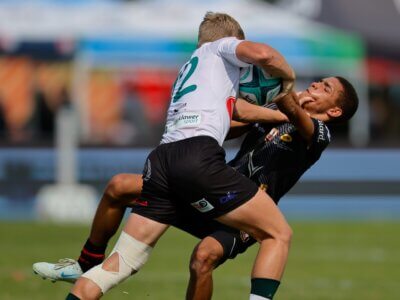 Marlow captain Gein Steyl rejected an attempted Welkom Gimnasium tackle with a hard hand-off. Photo: Frans Lombard/ActionPix.