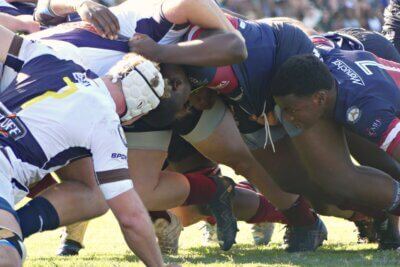 A rugged contest between two powerful packs led to the momentum flowing back and forth throughout the game. Photo: Brad Morgan.