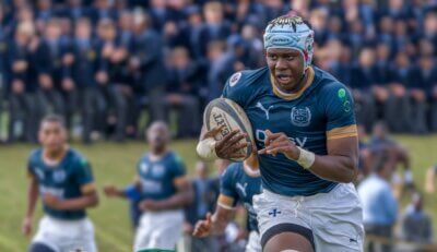 St Charles College eighthman, Raphael Ajibade, is a dangerous weapon for the home side. Photo: Justin Waldman Sports Photography.