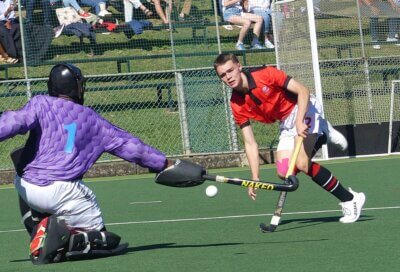 Ross van der Vliet watches his shot beat Thando Marafane in the Kearsney goal to put Maritzburg College 3-1 ahead. Photo: Brad Morgan. 