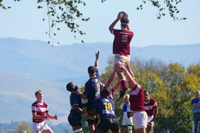 With the mountains in the background providing a beautiful backdrop, Kearsney lock Joseph Roylance snags a lineout throw-in. Photo: Brad Morgan.