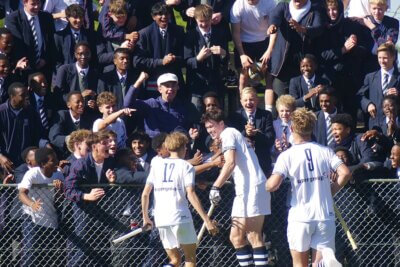 Aiden Blatch struck twice for St Stithians and celebrated his first with his Saints' schoolmates. Photo: Brad Morgan.