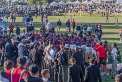 A gutsy win at Hilton was appreciated by the Maritzburg College supporters, who celebrated afterwards with the 1st XV. Photo: Justin Waldman Sports Photography on Facebook.