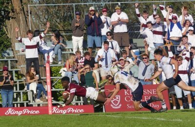 Lwandle Mkhize finishes off a sizzling Kearsney attack in the right-hand corner early in the second half. Photo: Brad Morgan.