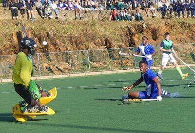 Litha Kraai watches his sharp deflection fly into the KZ Inland goal, on his way to a hattrick in Western Province A's 5-1 victory. Photo: Brad Morgan.
