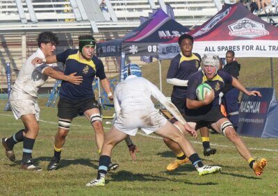 In a hard-fought contest, St Andrew's College edged out a game St David's Marist Inanda team by six points on the final day of the u18 Independent Schools Rugby Festival. Photo: Brad Morgan.