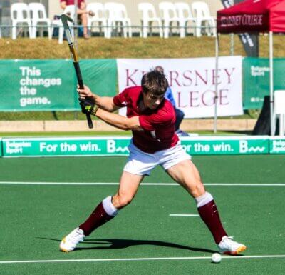 Kearsney College's Keegan de Jager prepares to smash a shot on goal on day one of the Kearsney Hockey 5s, powered by Belgotex Sport. Photo: Tamlyn Gabin.