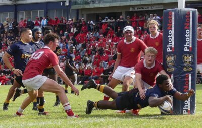 Ama Mataboge crashes over for the first of eight DHS tries in the game. Photo: Brad Morgan.