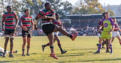 The final kick of the game, over Pretoria Boys High's deadball line, sealed a stirring win for the Candies. Photo: Justin Waldman Sports Photography.