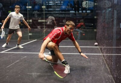 Thomas Boutall plays a drop shot during his 3-0 win over Benji Newman in the men’s u19 section on the second day of the Growthpoint SA Junior Nationals Squash Championships at the V&A Waterfront in Cape Town on Friday. Photo: Gavin Pitchers/Gallo Images.