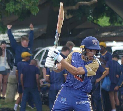 DHS opening batsman, Ismaeel Omar, shown on his way to a century against Kearsney College in the Clifton T20 Tournament, hit another T20 century against Clifton on Saturday at the Hollywoodbets Kings Park Cricket Stadium. Photo: Brad Morgan.