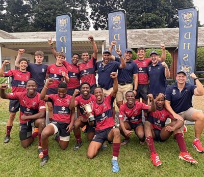 Westville Boys' High celebrates lifting the DHS Sevens u17 title. Beaten in the final by DHS in 2024, they turned the tables on DHS in 2025. Photo: Supplied.