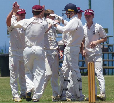 Kearsney College celebrates the dismissal of Matthias Samuel, who was one of four batsmen to lose their wicket to Matthew Rice. Photo: Brad Morgan.