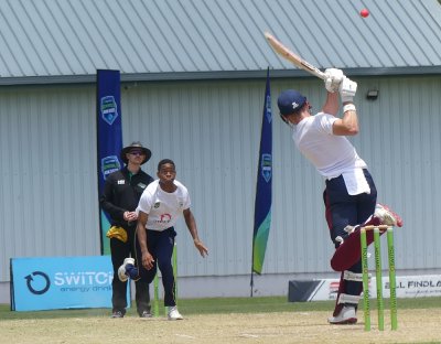 Tristin Delvin hits out in his crucial unbeaten 44, which lifted Westville to victory over DHS. Photo: Brad Morgan.