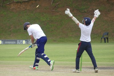 Wicketkeeper Aidan Baudach celebrated the fall of Thomas Oosthuizen, who was bowled by Aarin Rasmussen. Photo: Brad Morgan.