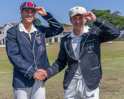 Westville Boys' High 1st XI captain, Kyle McGough, and Hilton College captain, Robert Burman, before the toss on Bowden's Field. Photo: Justin Waldman Sports Photography.