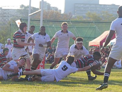 Goldstone's was rocking when Maritzburg College tighthead prop Alanda Ngubane crashed over for the first points of the game. Photo: Brad Morgan.