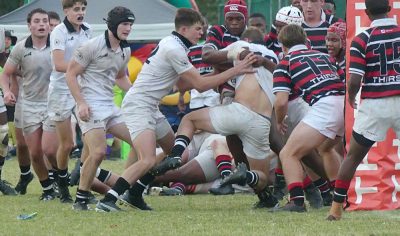 Late in the game, Maritzburg College staged a robust defence of their try line to preserve a narrow victory. Photo: Brad Morgan.
