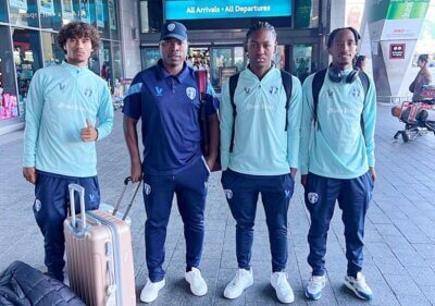 Randburg's u19 coach, Collins Mbesuma, with some of his players, during a trip to Cape Town earlier this year for the annual Bayhill Premier Cup. Photo: Randburg AFC on Facebook.